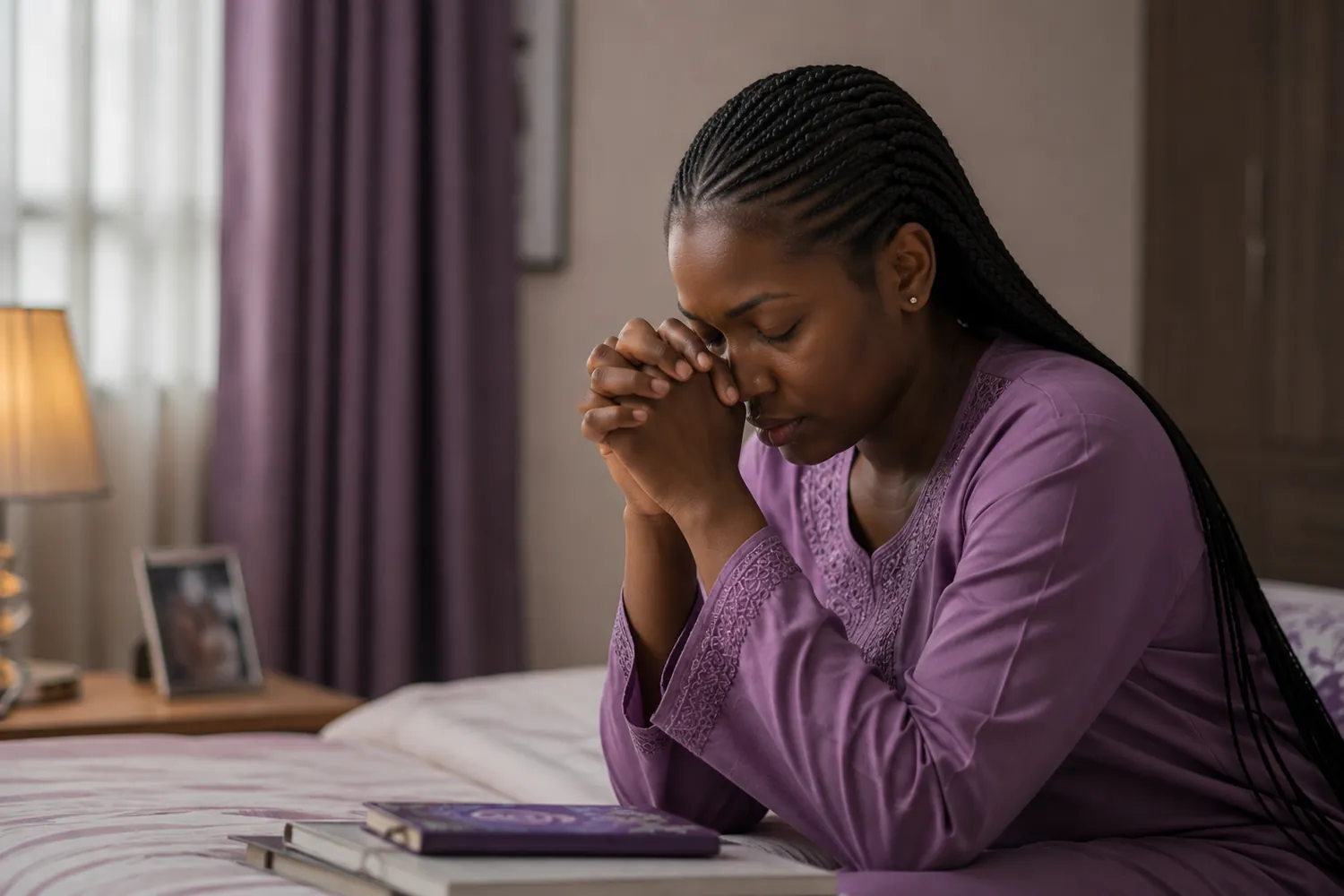 A Nigerian woman in a quiet moment of prayer and reflection