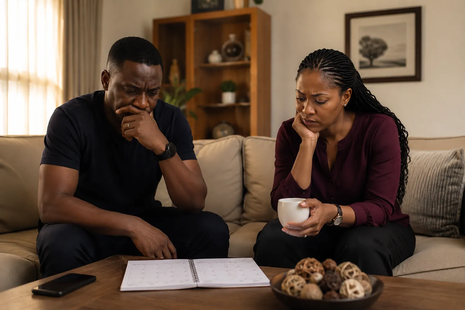 A Nigerian couple quietly reflecting together at home